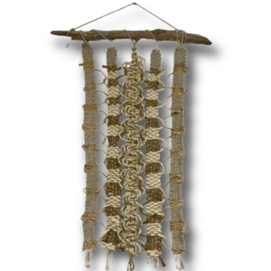 Double Diamond Macrame made from oversized chunky cotton cord mounted on a pine dowel