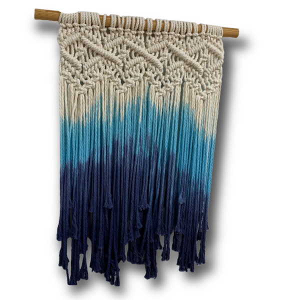 White cotton cord macrame hand dyed in ocean and navy blue, mounted round pine dowel. for sale